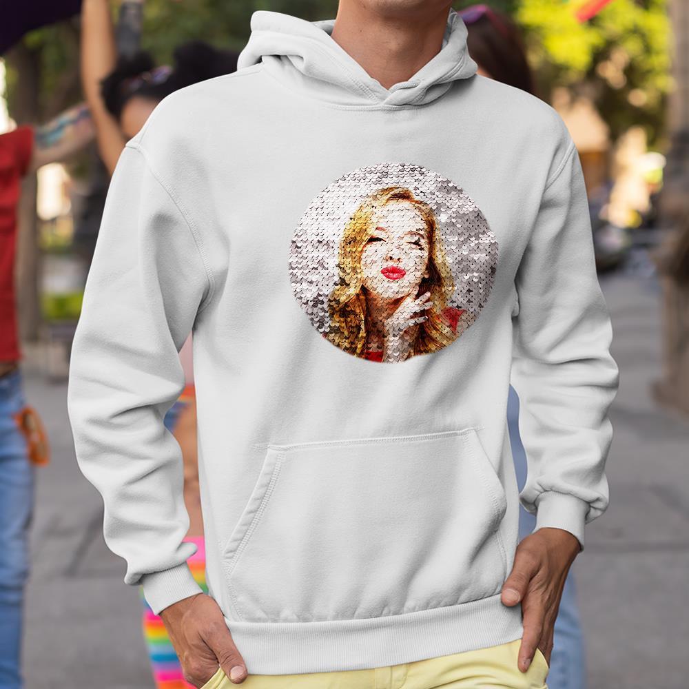 Custom Photo Flip Red Sequin Hoodie Circle-Shaped Print White Hoodie Gift for Men Women - MyFaceBoxer