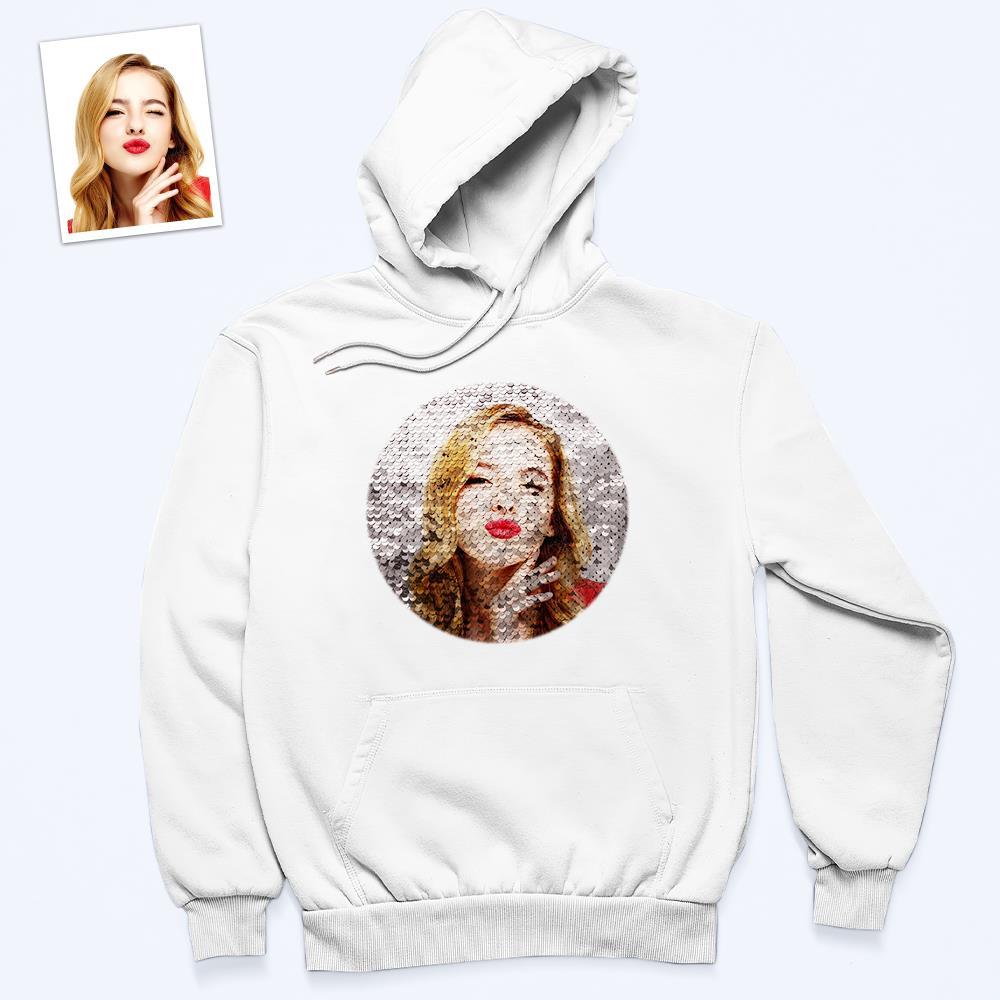 Custom Photo Flip Red Sequin Hoodie Circle-Shaped Print White Hoodie Gift for Men Women - MyFaceBoxer