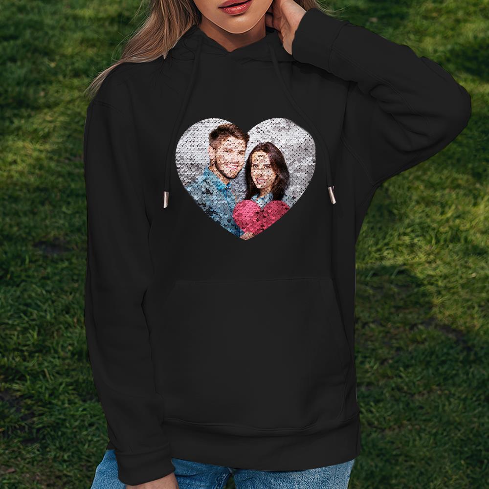 Custom Photo Blue Sequin Hoodie Heart Double Print White Hoodie Gift for Men Women - MyFaceBoxer