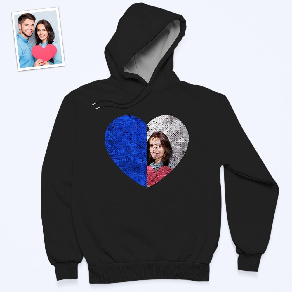 Custom Photo Blue Sequin Hoodie Heart Double Print White Hoodie Gift for Men Women - MyFaceBoxer