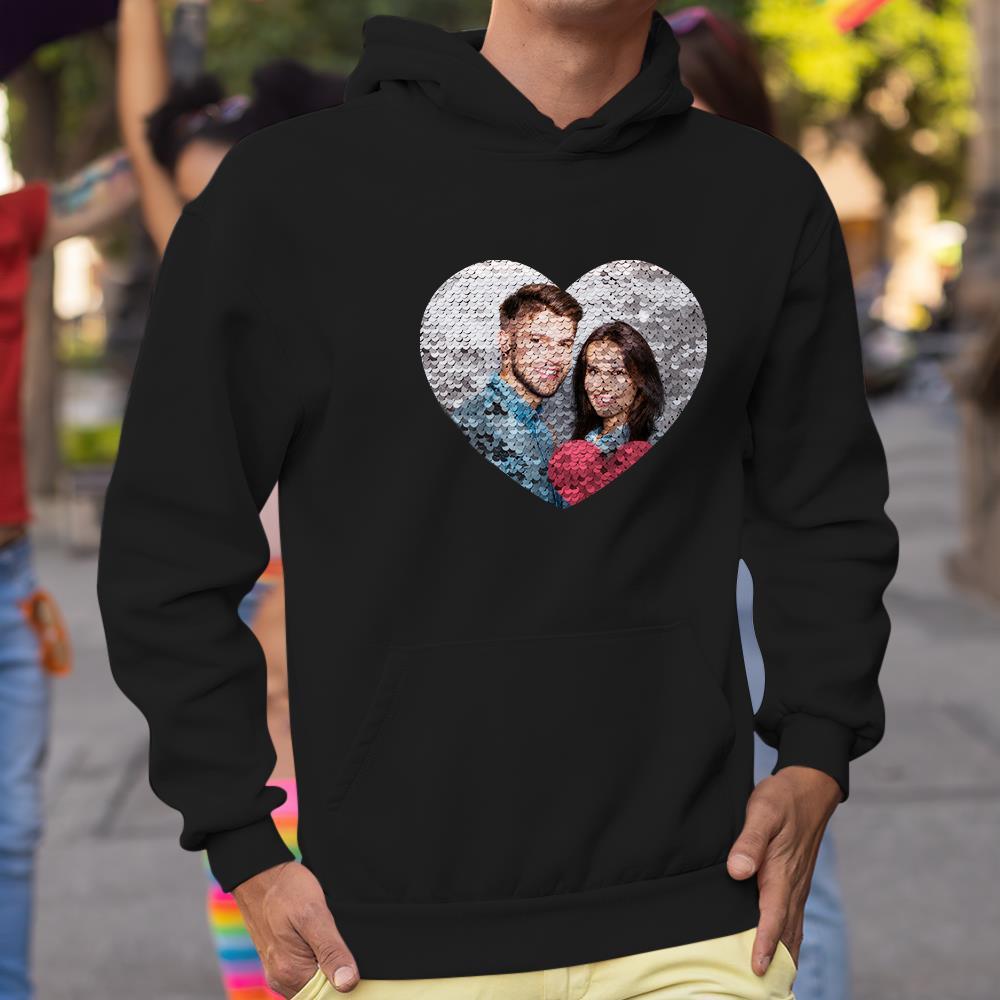 Custom Photo Blue Sequin Hoodie Heart Double Print White Hoodie Gift for Men Women - MyFaceBoxer
