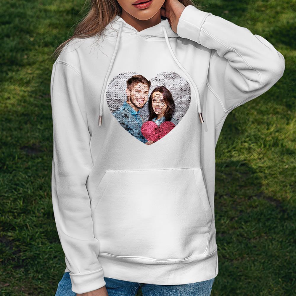 Custom Photo Blue Sequin Hoodie Heart Double Print White Hoodie Gift for Men Women - MyFaceBoxer