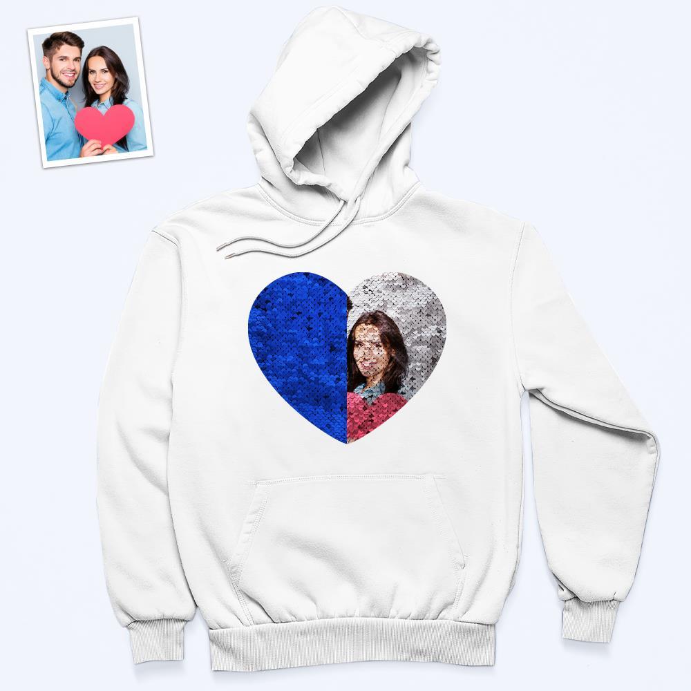 Custom Photo Blue Sequin Hoodie Heart Double Print White Hoodie Gift for Men Women - MyFaceBoxer