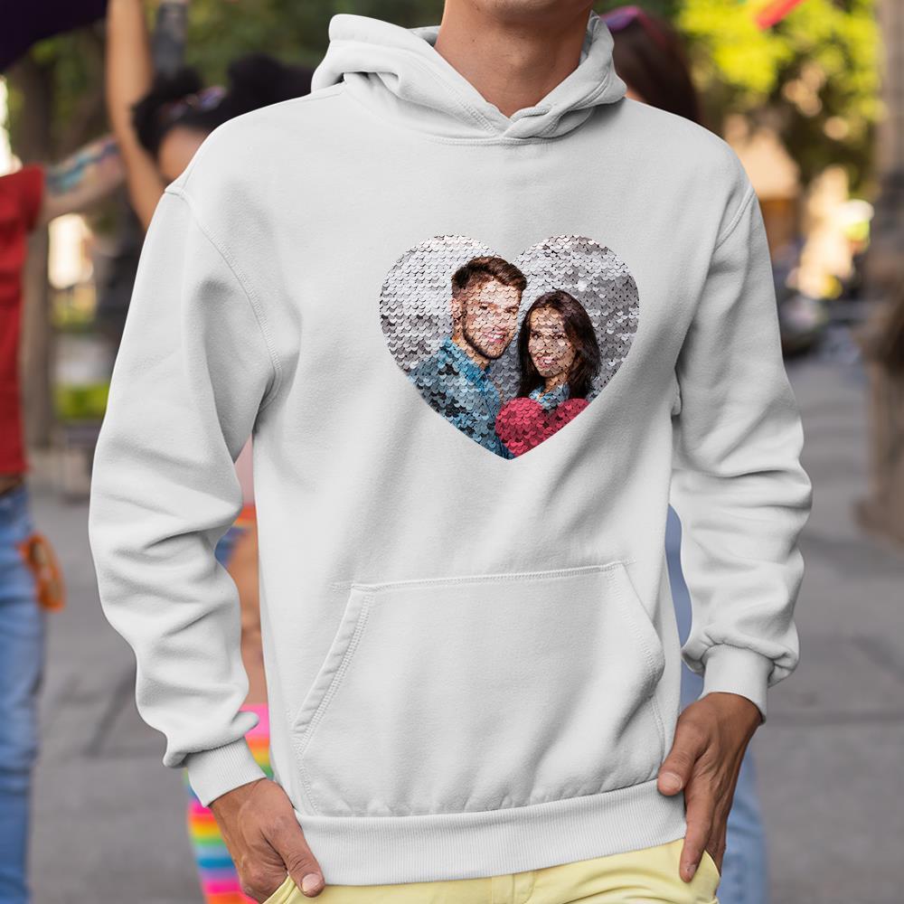 Custom Photo Blue Sequin Hoodie Heart Double Print White Hoodie Gift for Men Women - MyFaceBoxer