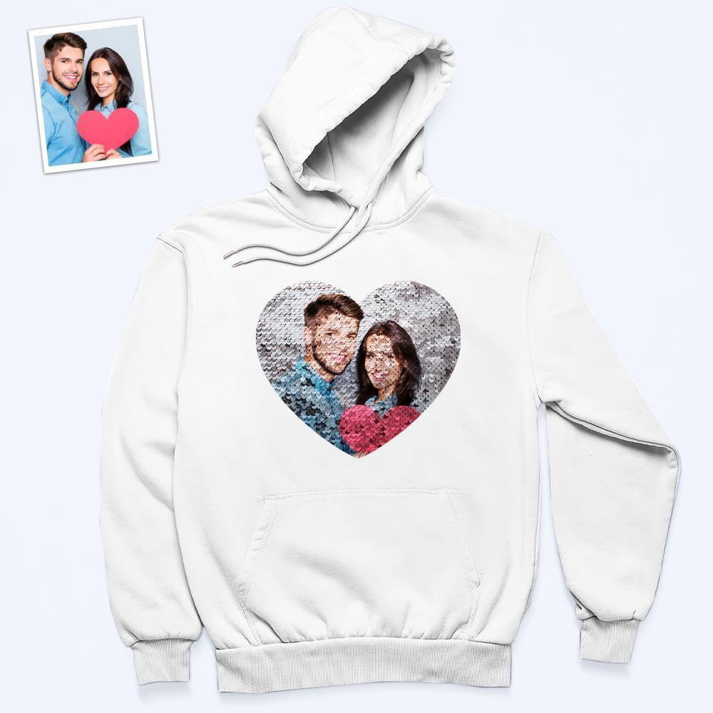Custom Photo Blue Sequin Hoodie Heart Double Print White Hoodie Gift for Men Women - MyFaceBoxer