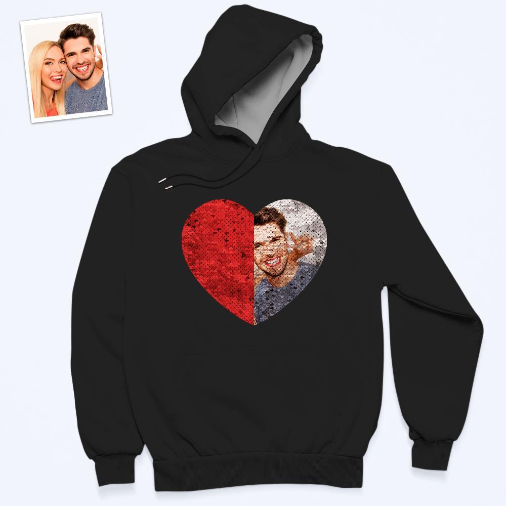 Custom Photo Flip Red Sequin Hoodie Heart-Shaped Print Hoodie Gift for Lover - MyFaceBoxer