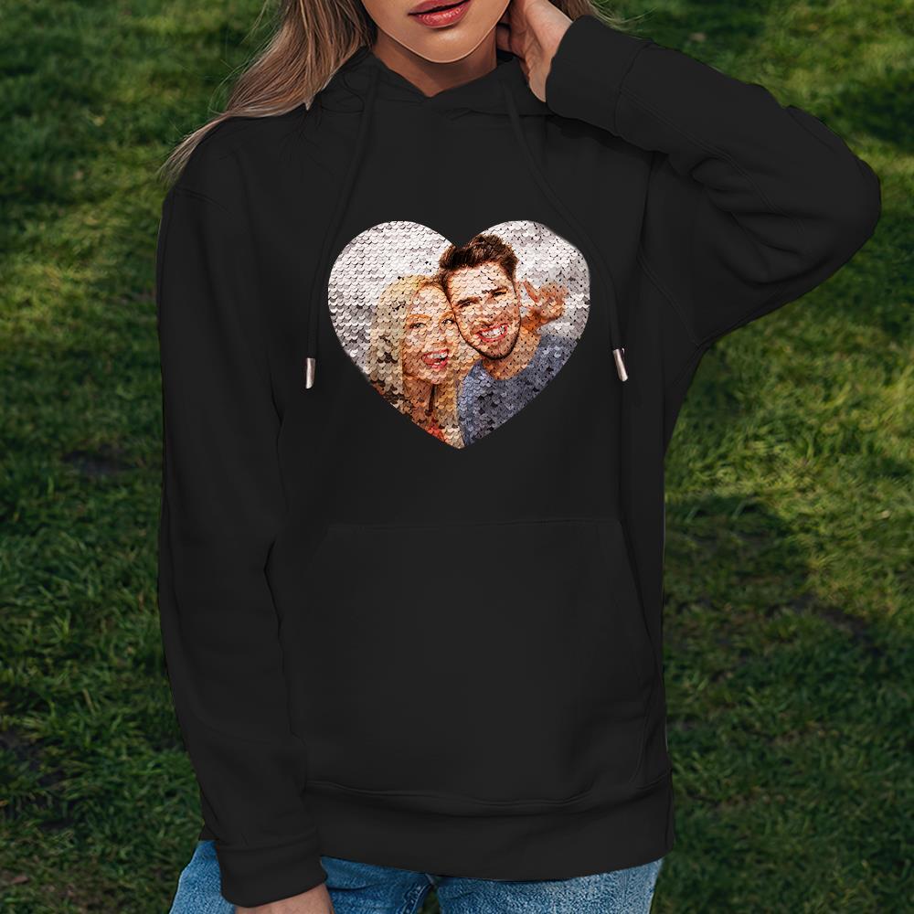 Custom Photo Flip Red Sequin Hoodie Heart-Shaped Print Hoodie Gift for Lover - MyFaceBoxer