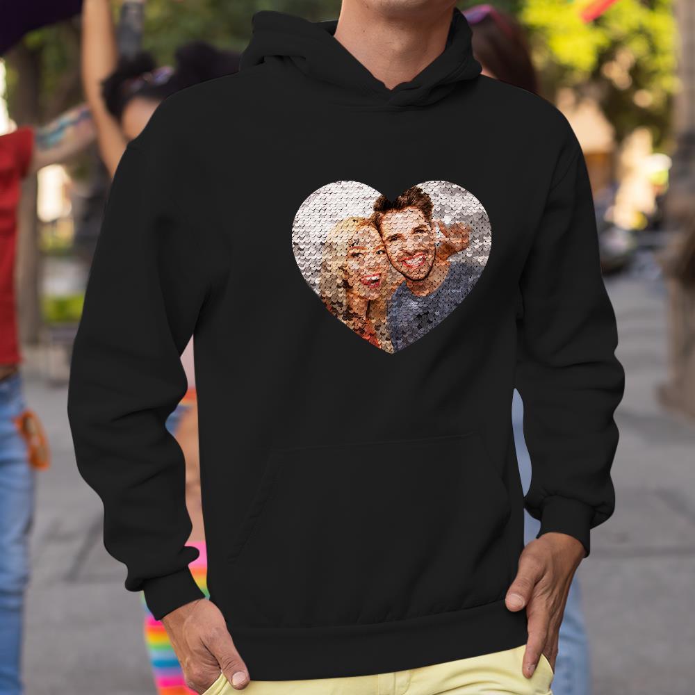 Custom Photo Flip Red Sequin Hoodie Heart-Shaped Print Hoodie Gift for Lover - MyFaceBoxer