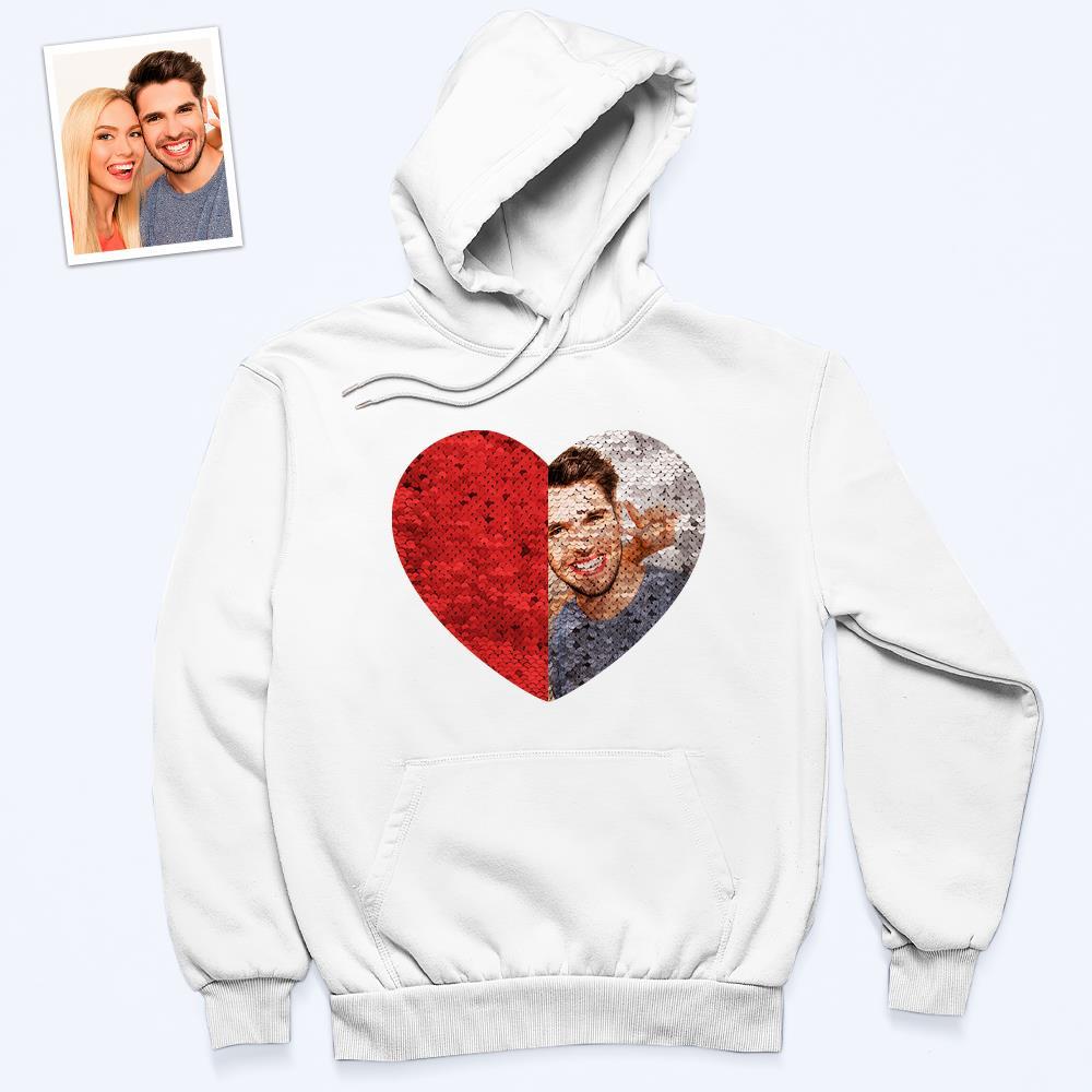Custom Photo Flip Red Sequin Hoodie Heart-Shaped Print Hoodie Gift for Lover - MyFaceBoxer