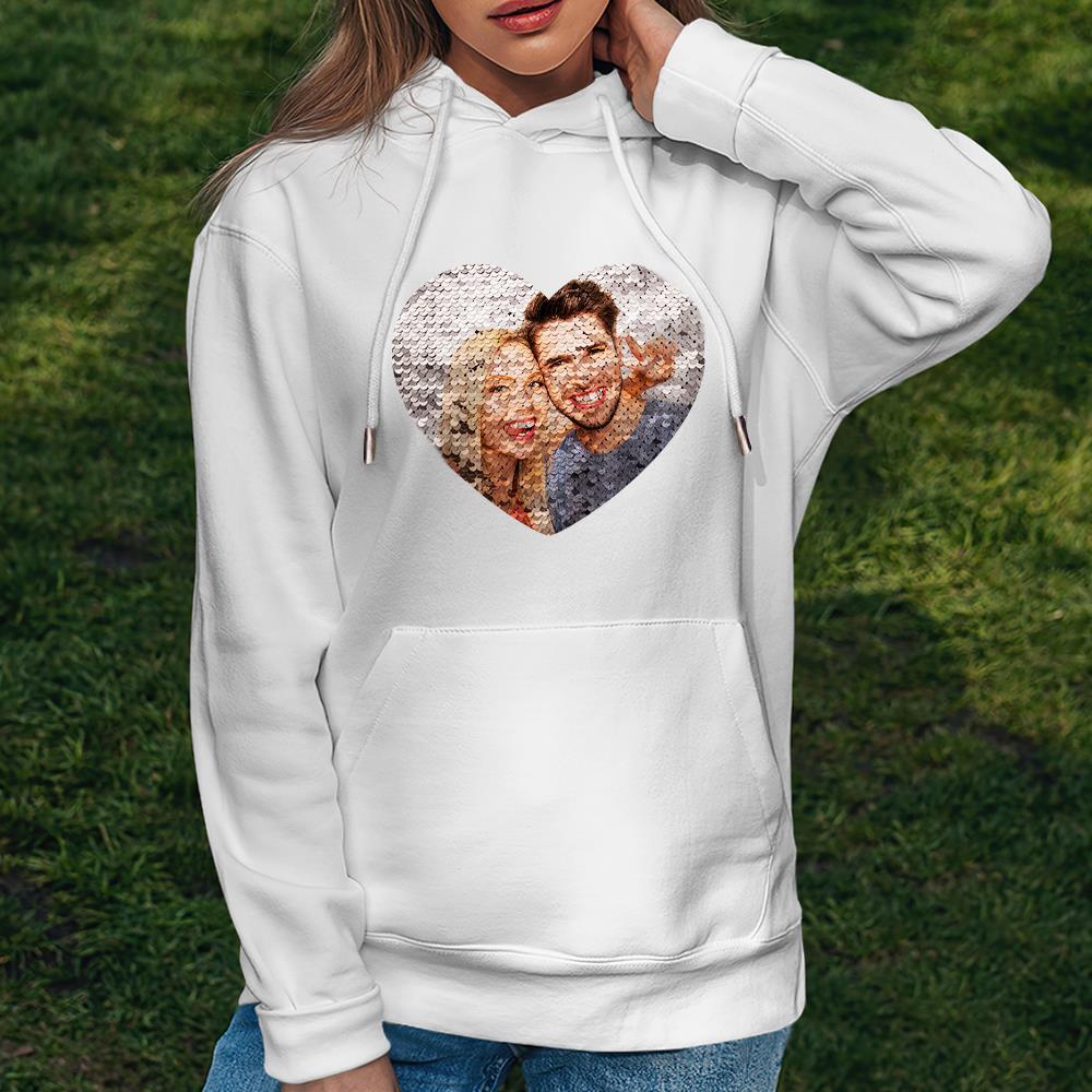 Custom Photo Flip Red Sequin Hoodie Heart-Shaped Print Hoodie Gift for Lover - MyFaceBoxer