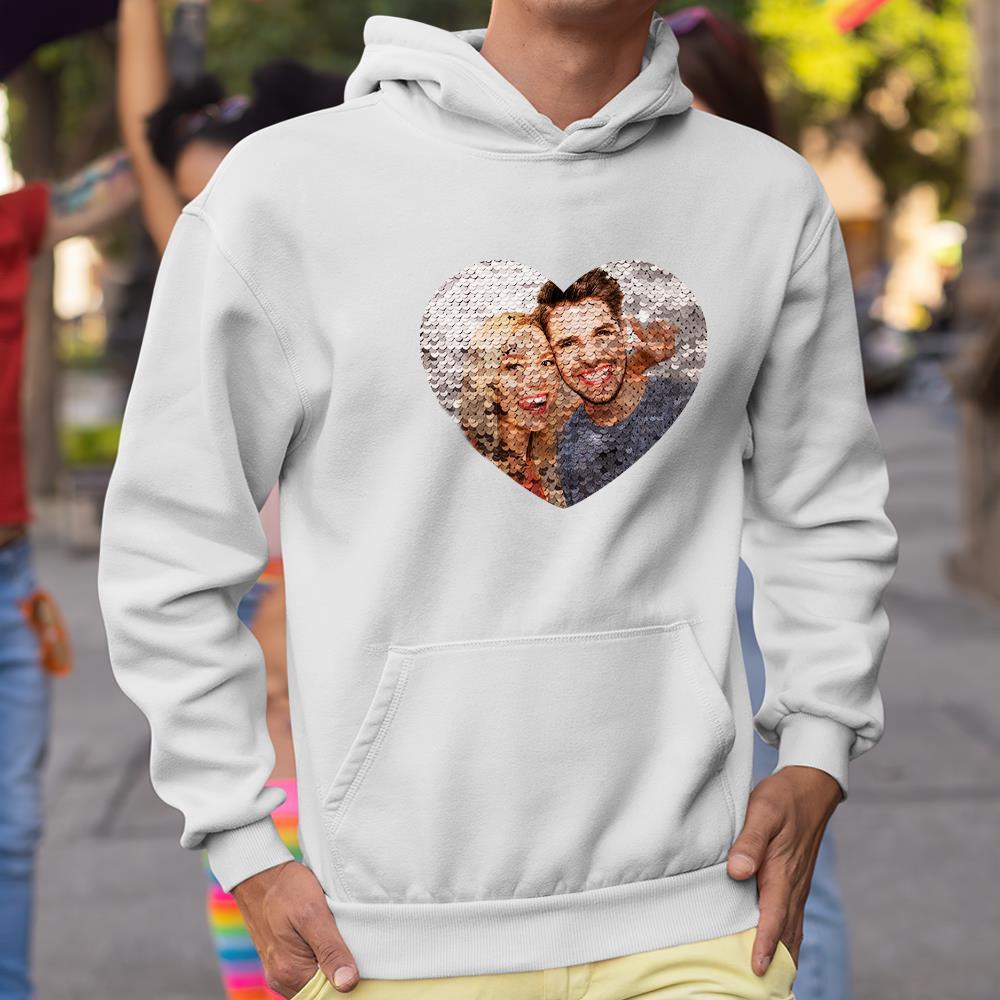 Custom Photo Flip Red Sequin Hoodie Heart-Shaped Print Hoodie Gift for Lover - MyFaceBoxer