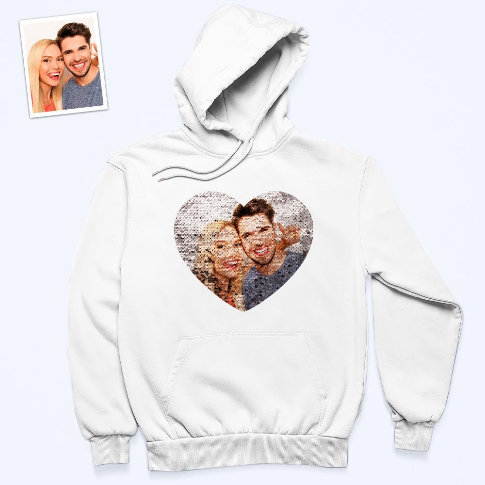 Custom Photo Flip Red Sequin Hoodie Heart-Shaped Print Hoodie Gift for Lover - MyFaceBoxer