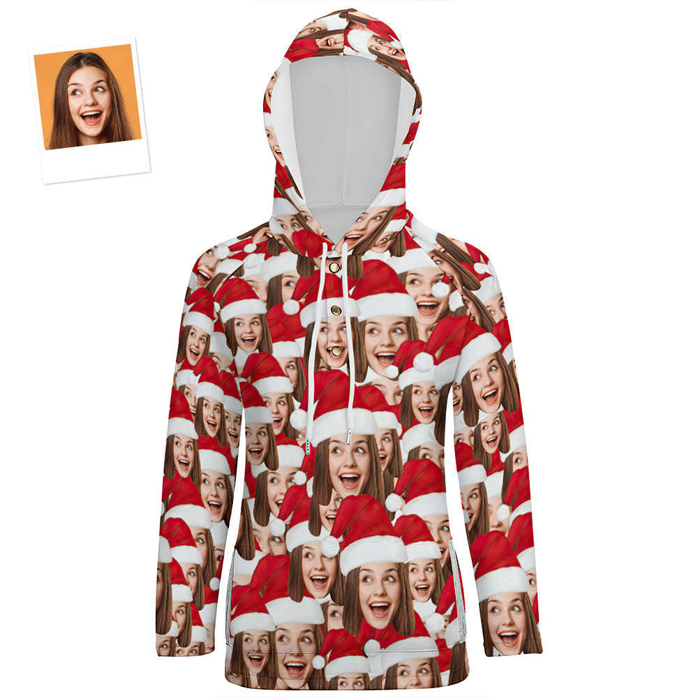 Women's Custom Christmas Pullover Hoodie Face Mash with Santa Hat Gift for Her - MyFaceBoxer