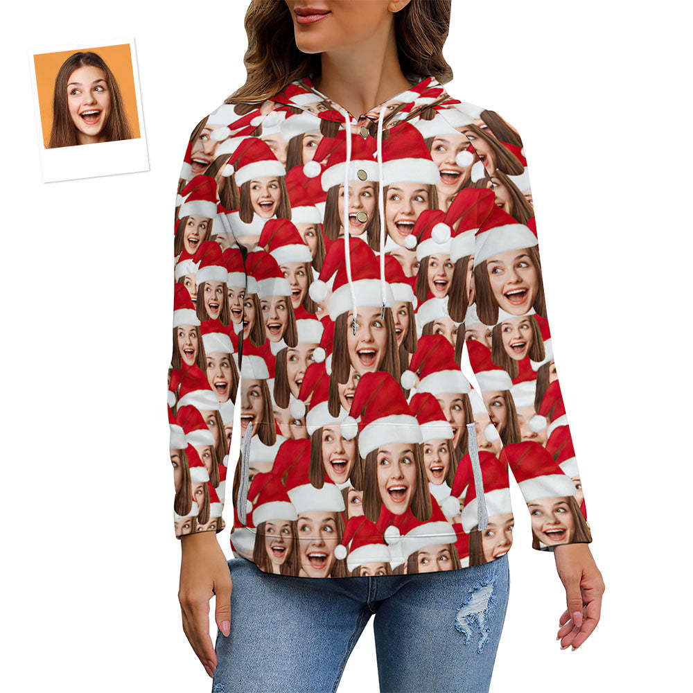 Women's Custom Christmas Pullover Hoodie Face Mash with Santa Hat Gift for Her - MyFaceBoxer