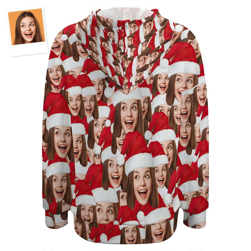 Women's Custom Christmas Drop Shoulder Pullover Hoodie Face Mash with Santa Hat Gift for Her - MyFaceBoxer