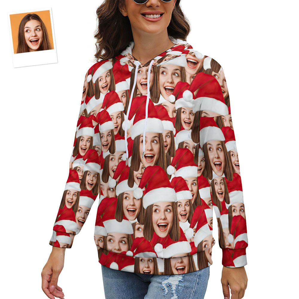Women's Custom Christmas Drop Shoulder Pullover Hoodie Face Mash with Santa Hat Gift for Her - MyFaceBoxer