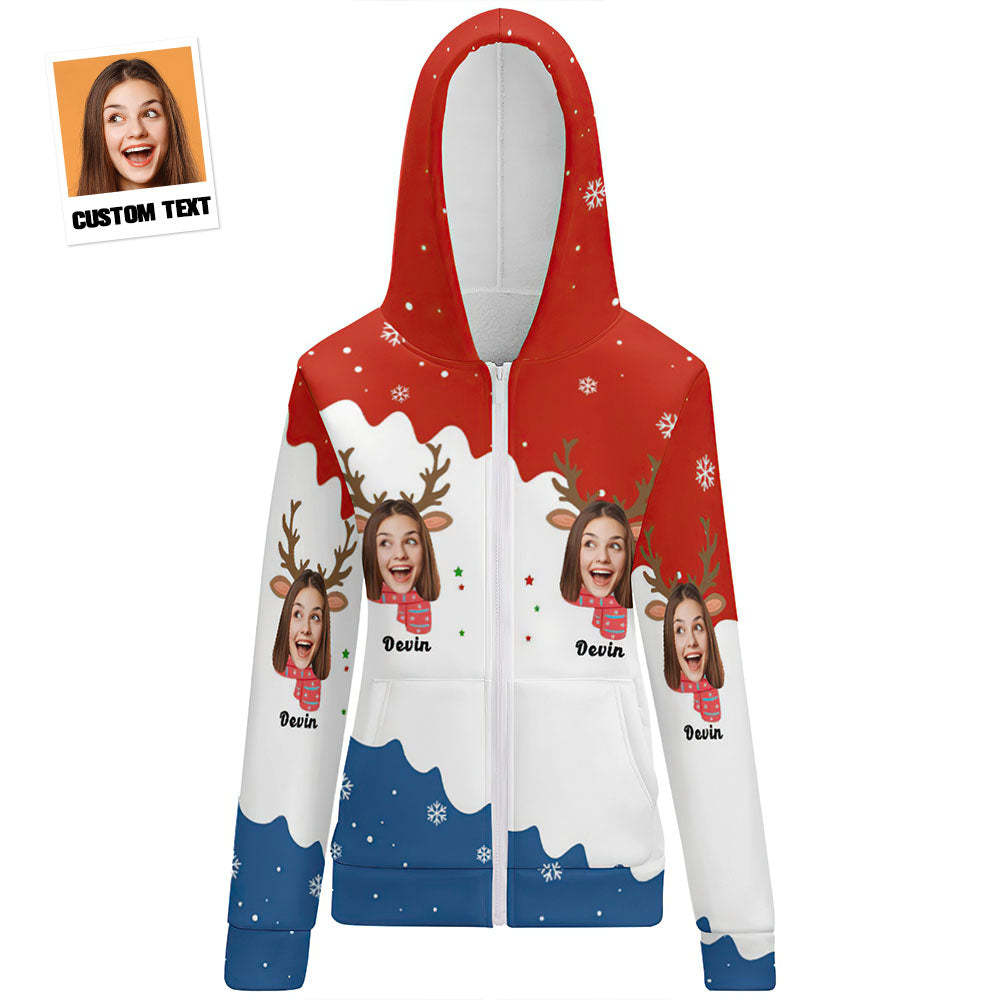 Women's Custom Face Zip Up Hoodies Reindeer Christmas Gift for Her - MyFaceBoxer
