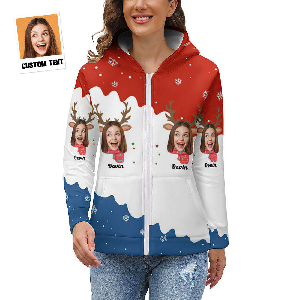 Women's Custom Face Zip Up Hoodies Reindeer Christmas Gift for Her - MyFaceBoxer