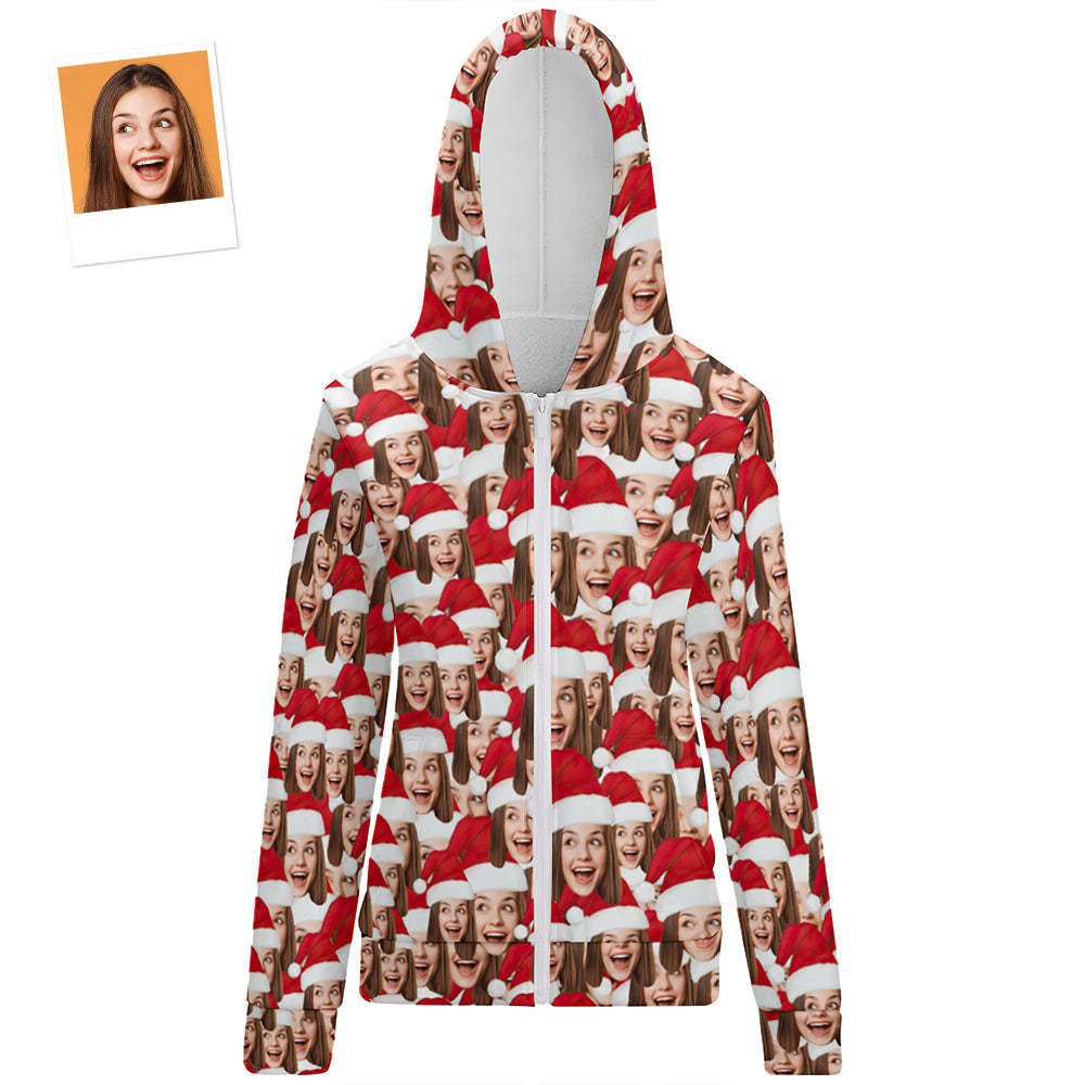 Women's Custom Christmas Zip Up Hoodies Face Mash with Santa Hat Gift for Her - MyFaceBoxer