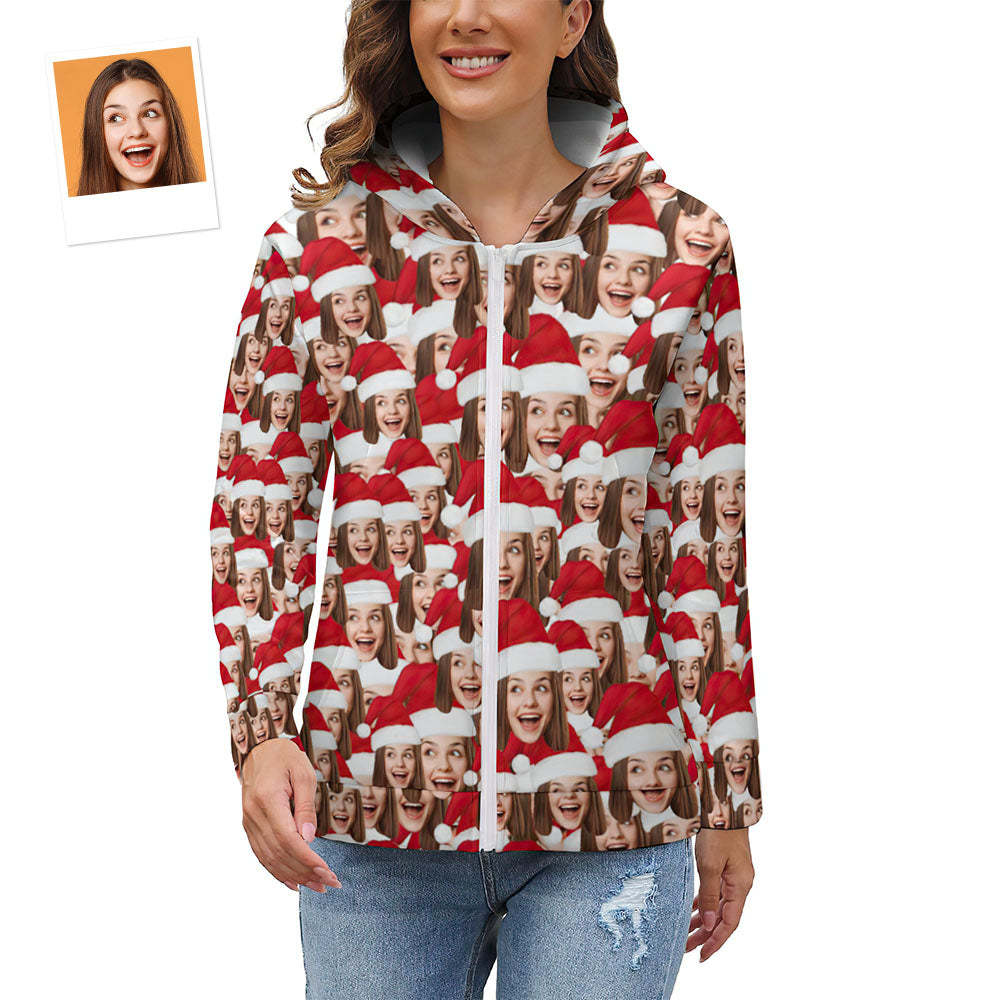 Women's Custom Christmas Zip Up Hoodies Face Mash with Santa Hat Gift for Her - MyFaceBoxer