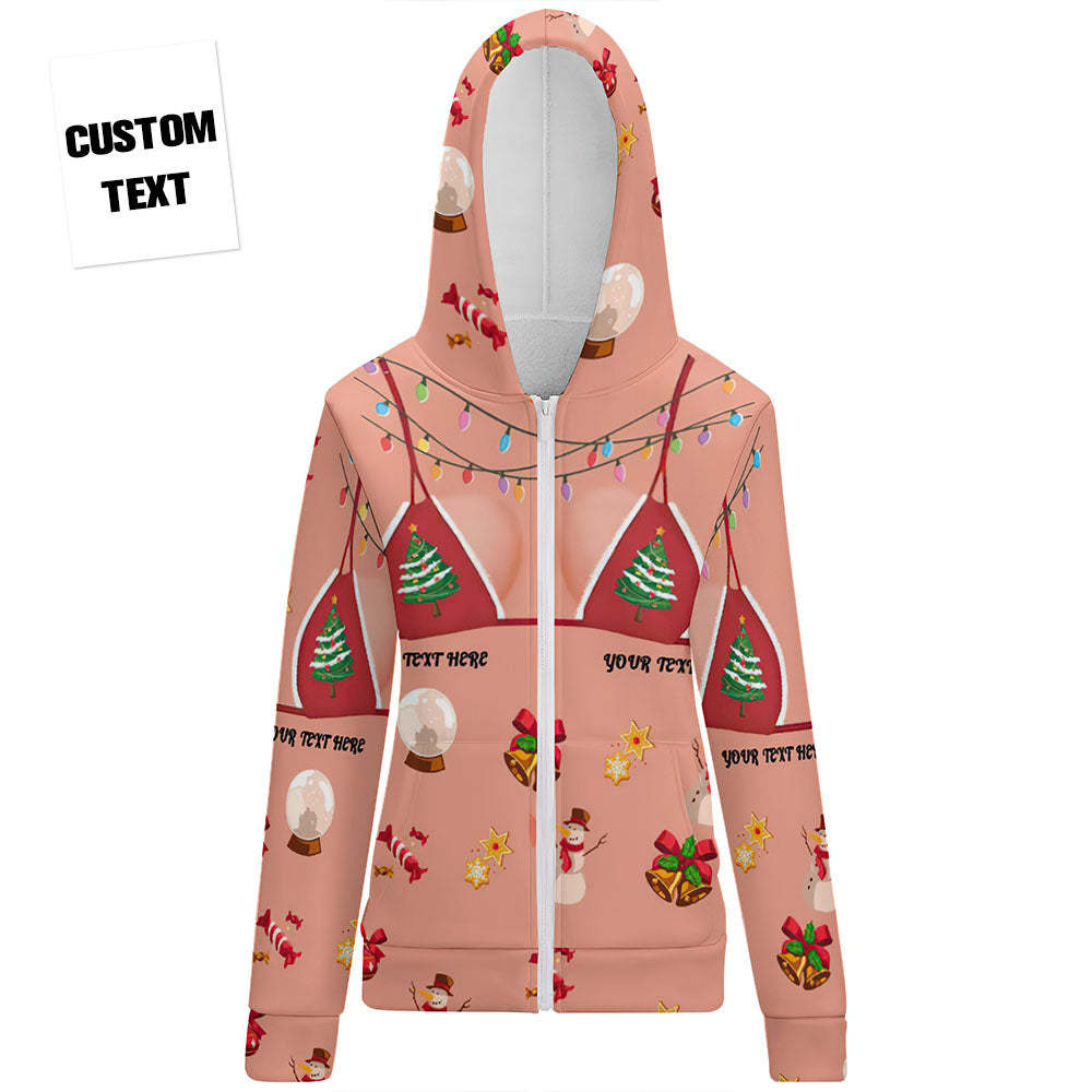 Women's Custom Text Funny Christmas Zip Up Hoodies Gift for Her - MyFaceBoxer