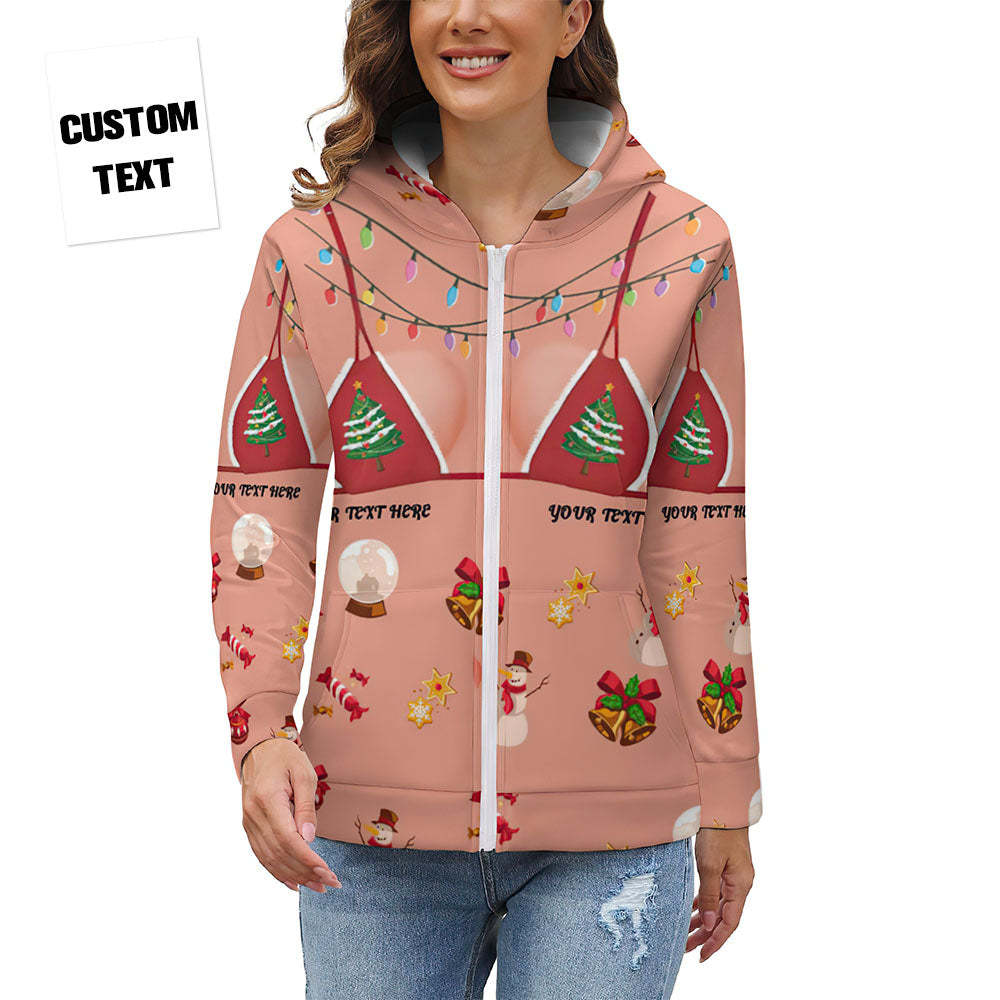 Women's Custom Text Funny Christmas Zip Up Hoodies Gift for Her - MyFaceBoxer