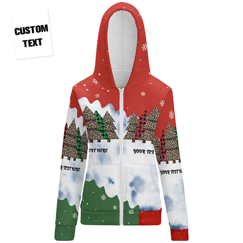 Women's Custom Text Christmas Tree Zip Up Hoodies Gift for Her - MyFaceBoxer