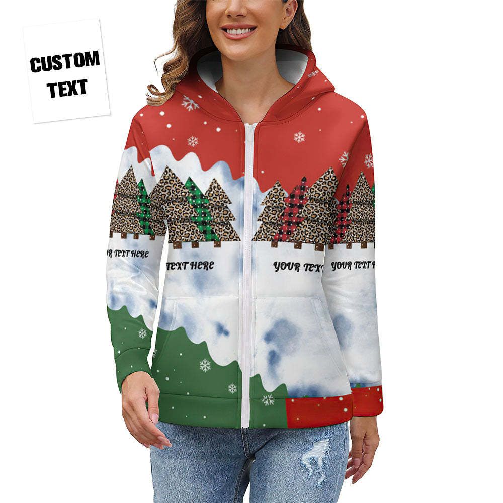 Women's Custom Text Christmas Tree Zip Up Hoodies Gift for Her - MyFaceBoxer