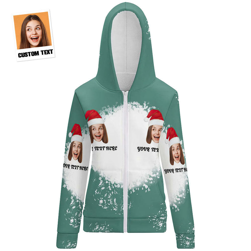 Custom Face and Text Merry Christmas Zip Up Hoodies Personalized Christmas Gift for Women - MyFaceBoxer