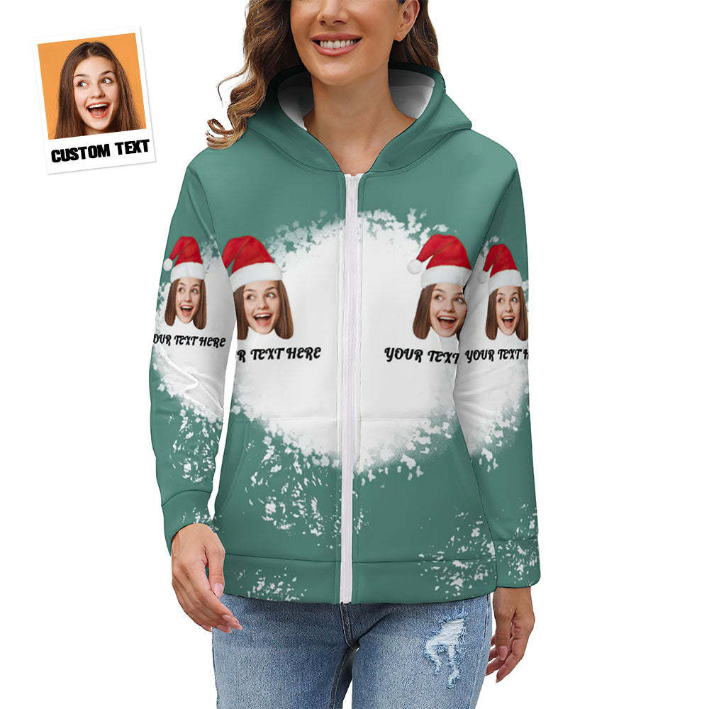 Custom Face and Text Merry Christmas Zip Up Hoodies Personalized Christmas Gift for Women - MyFaceBoxer