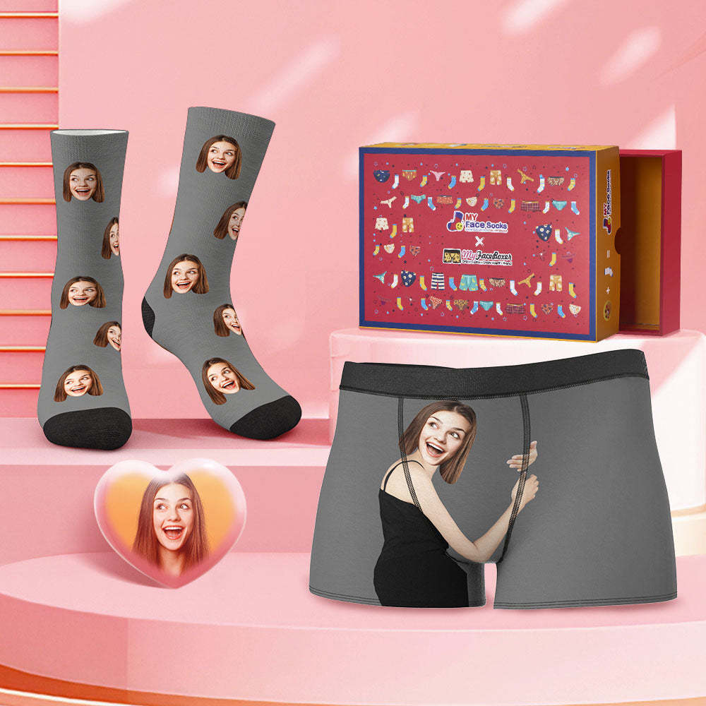 Custom Face Boxer Shorts And Socks Set On Body Skin Valentine's Day Gift Co-Branding Set - MyFaceBoxer