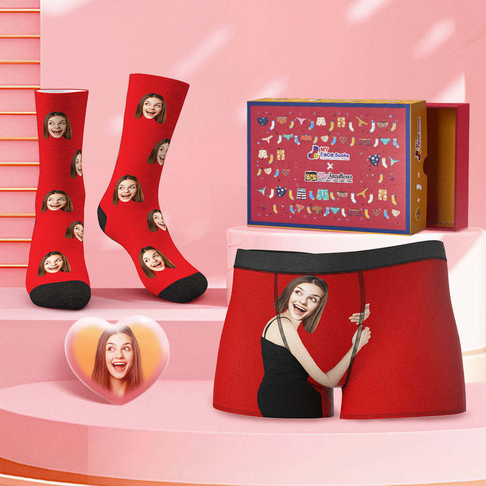 Custom Face Boxer Shorts And Socks Set On Body Skin Valentine's Day Gift Co-Branding Set - MyFaceBoxer