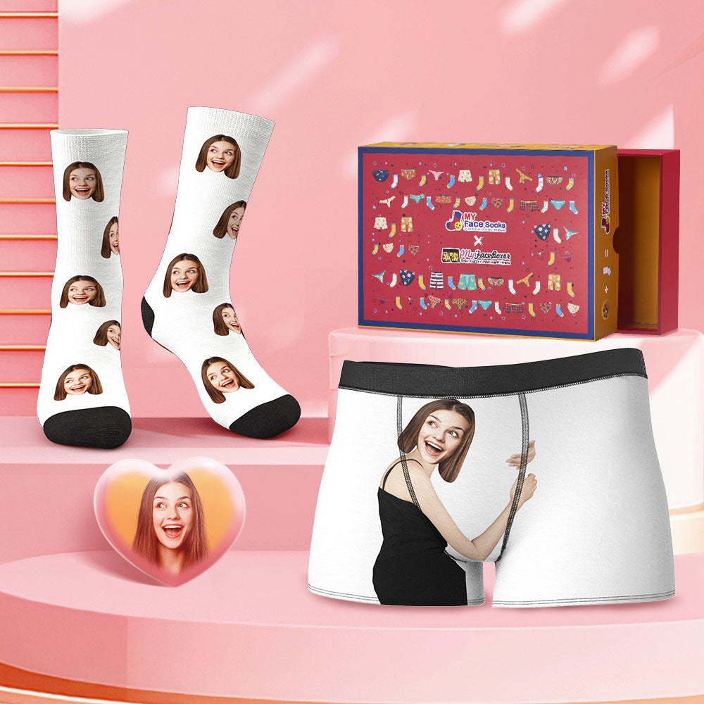 Custom Face Boxer Shorts And Socks Set On Body Skin Valentine's Day Gift Co-Branding Set - MyFaceBoxer
