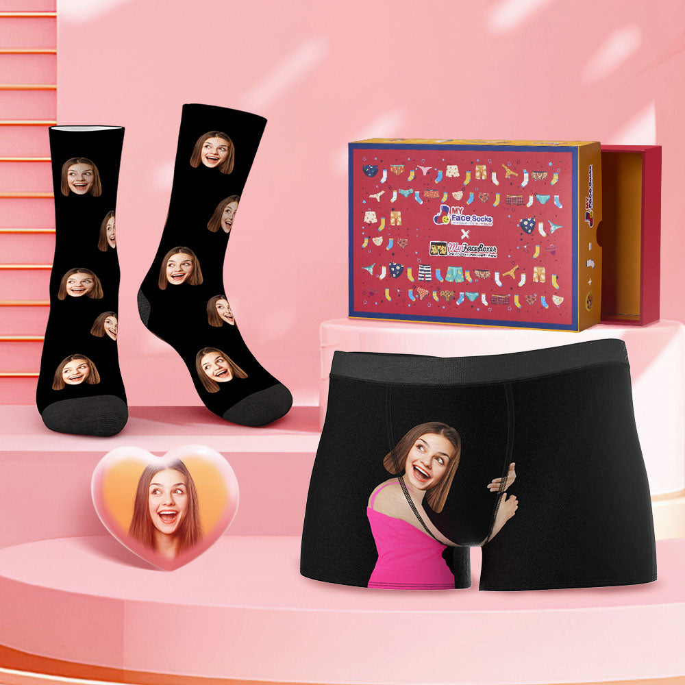 Custom Face Boxer Shorts And Socks Set Face On Body Valentine's Day Gift Co-Branding Set