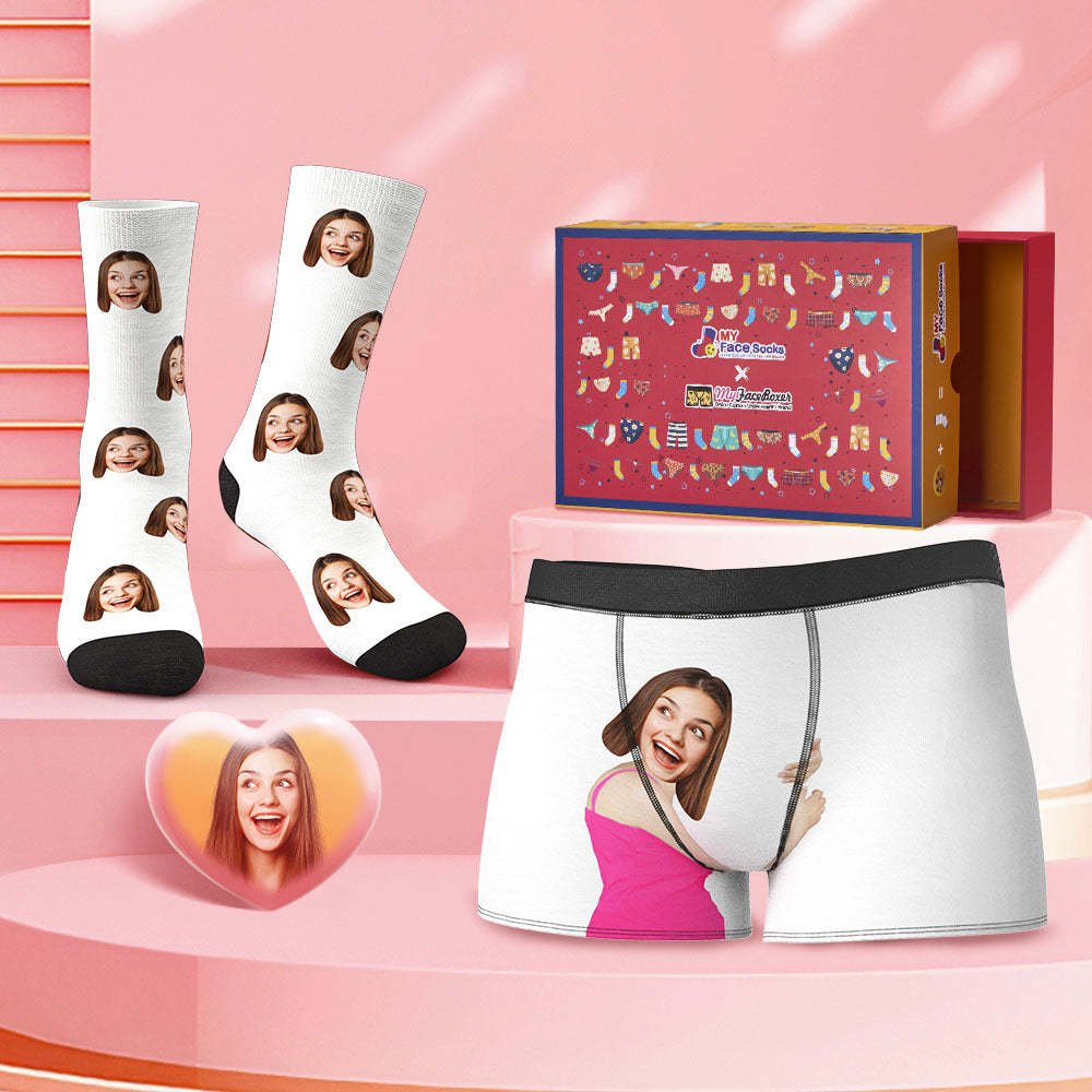 Custom Face Boxer Shorts And Socks Set Face On Body Valentine's Day Gift Co-Branding Set - MyFaceBoxer