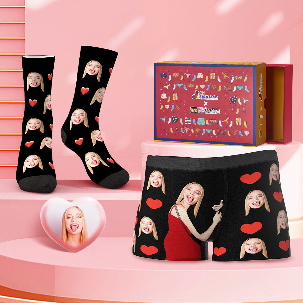 Custom Face Boxer Shorts And Socks Set Heart Co-Branding Set