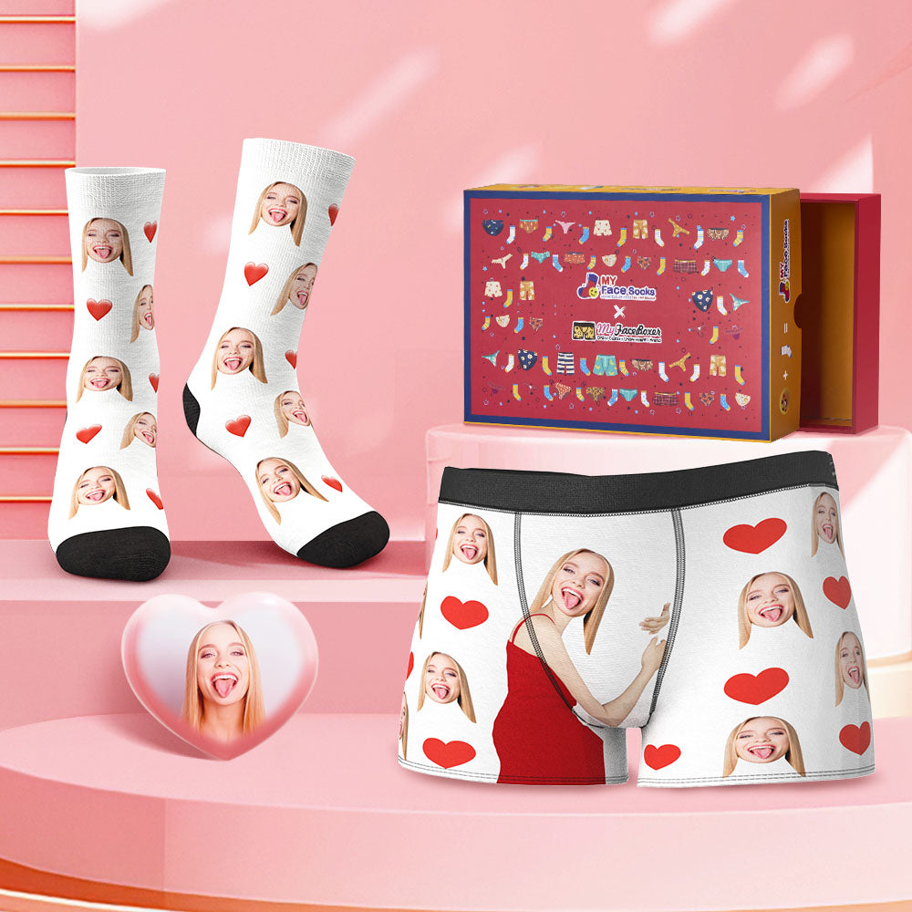 Custom Face Boxer Shorts And Socks Set Heart Co-Branding Set