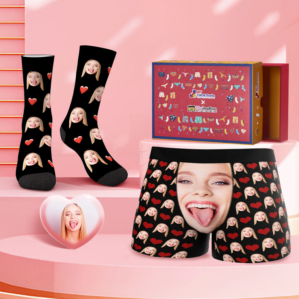 Custom Face Boxer Shorts And Socks Set Big Face Valentine's Day Gift Co-Branding Set