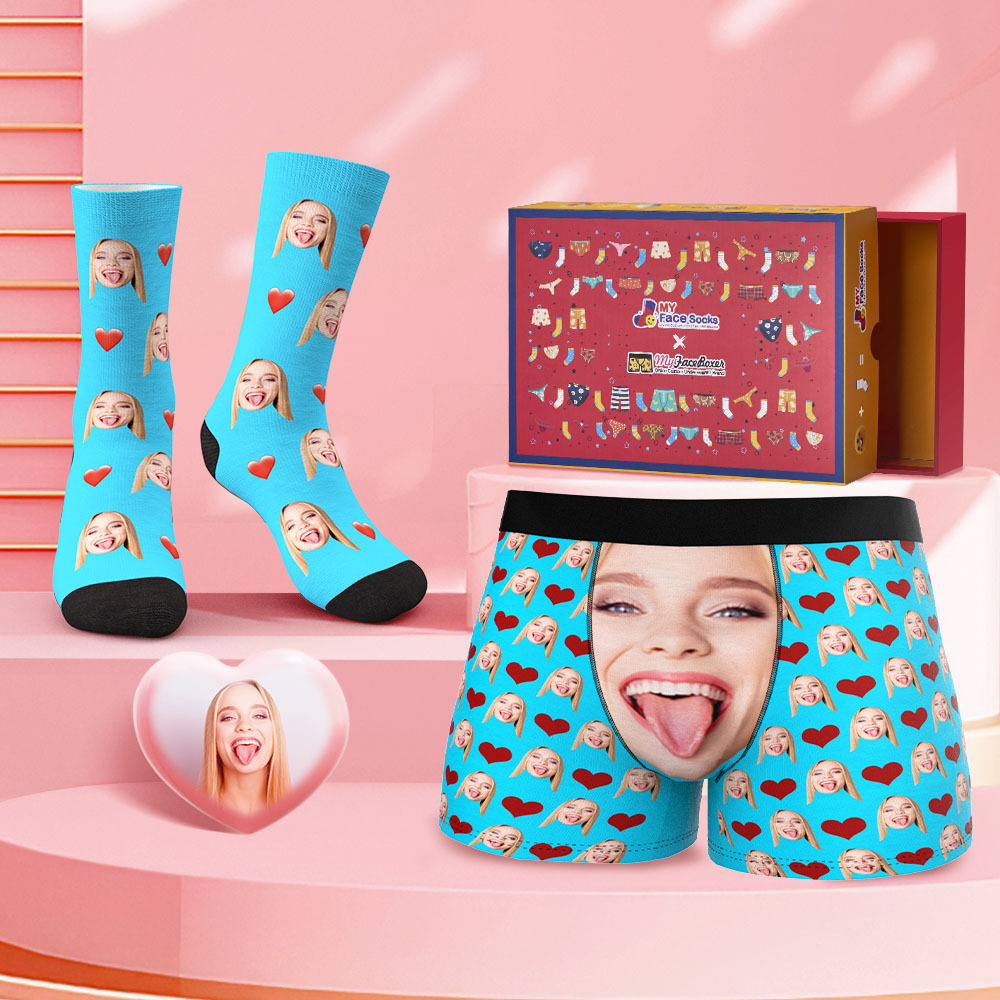 Custom Face Boxer Shorts And Socks Set Big Face Valentine's Day Gift Co-Branding Set - MyFaceBoxer
