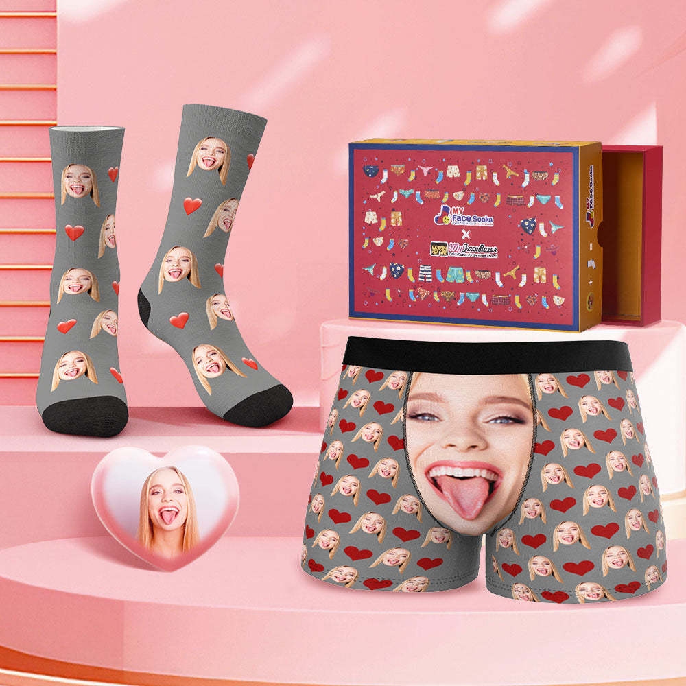 Custom Face Boxer Shorts And Socks Set Big Face Valentine's Day Gift Co-Branding Set - MyFaceBoxer