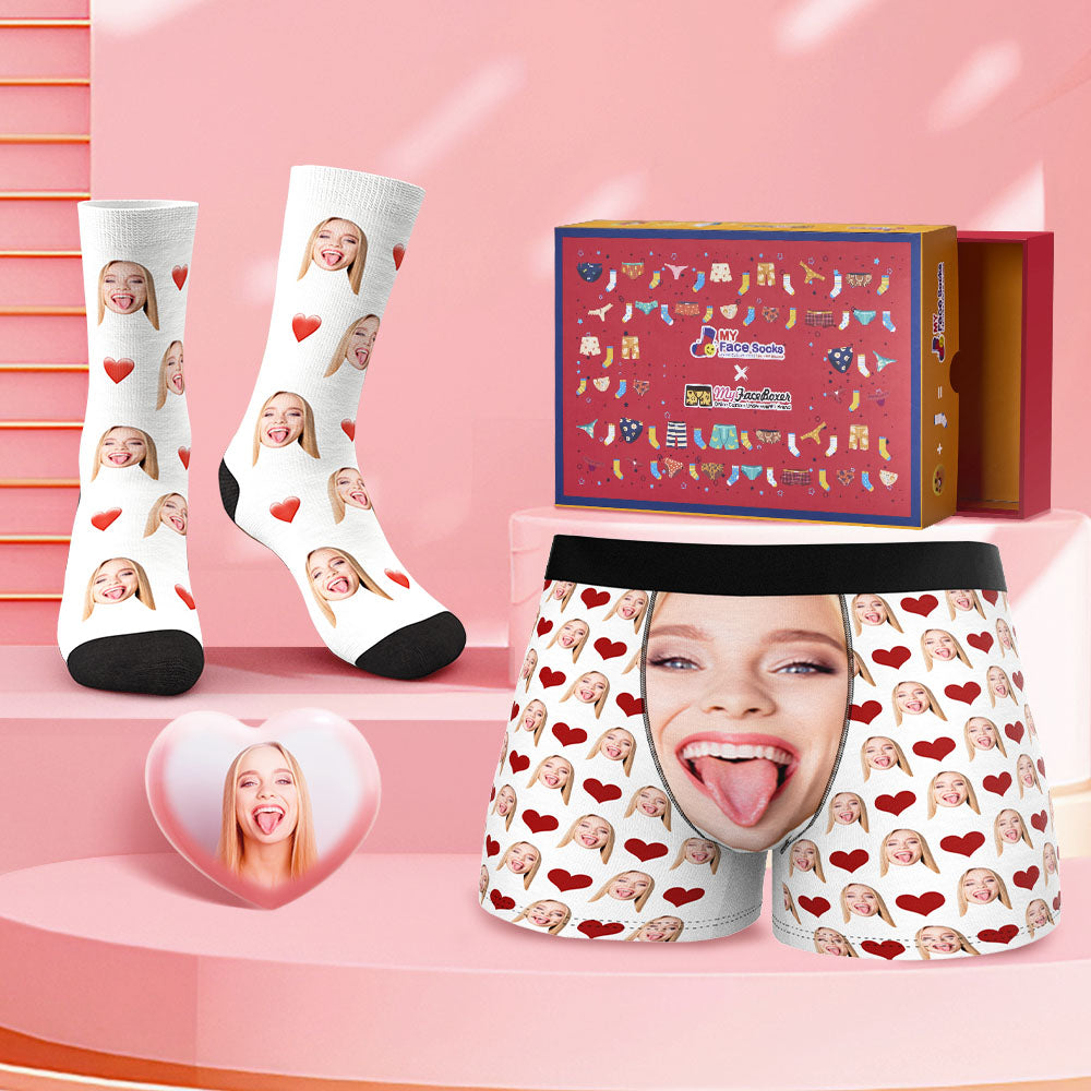 Custom Face Boxer Shorts And Socks Set Big Face Valentine's Day Gift Co-Branding Set
