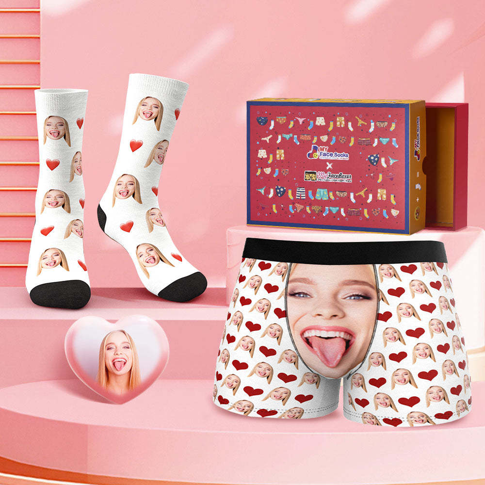 Custom Face Boxer Shorts And Socks Set Big Face Valentine's Day Gift Co-Branding Set - MyFaceBoxer