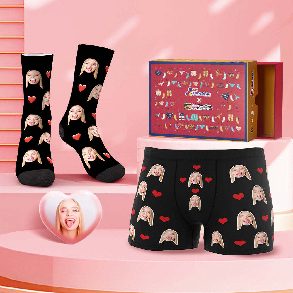 Custom Face Boxer Shorts And Socks Red Love Heart Co-Branding Set - MyFaceBoxer