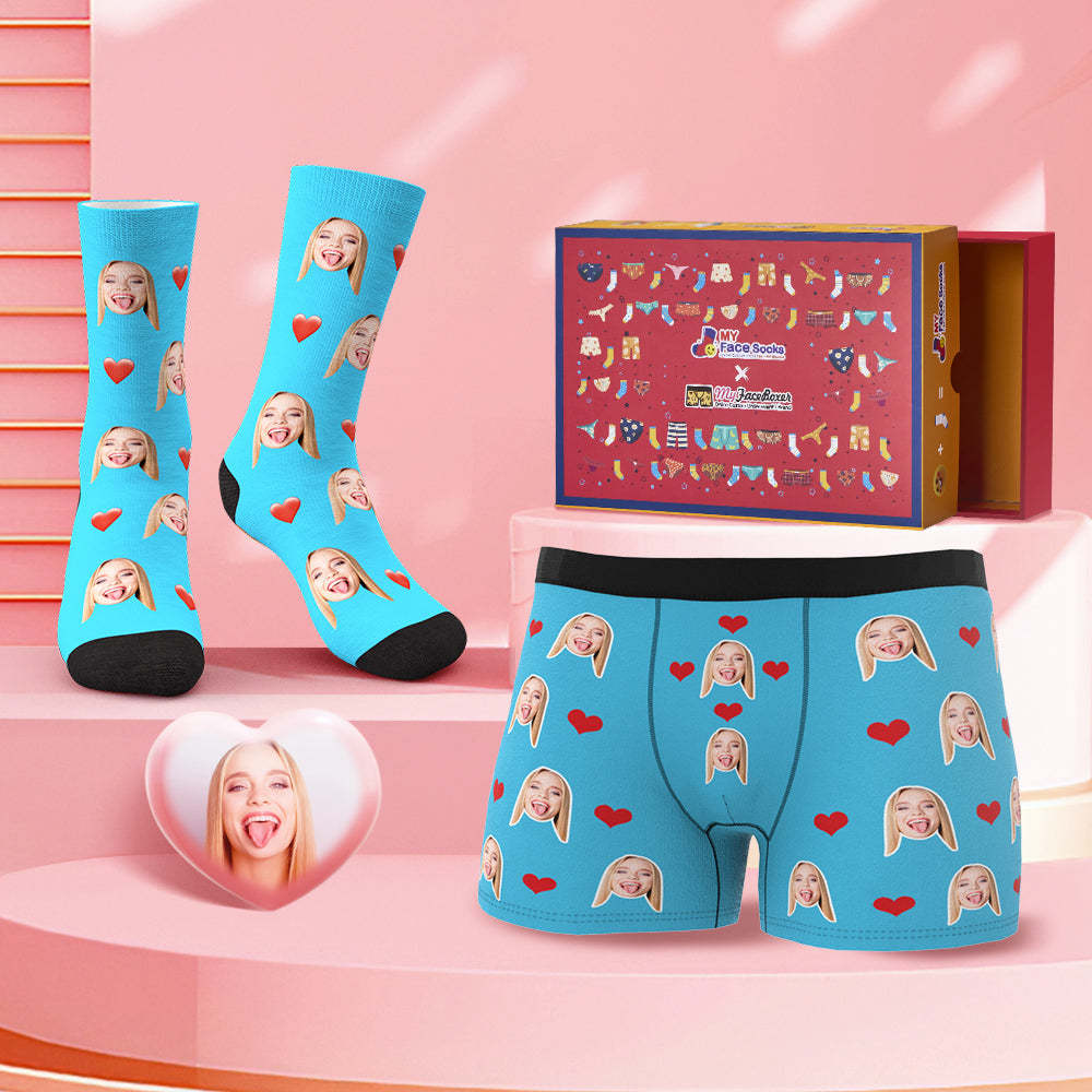 Custom Face Boxer Shorts And Socks Red Love Heart Co-Branding Set - MyFaceBoxer