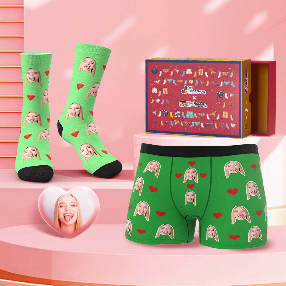 Custom Face Boxer Shorts And Socks Red Love Heart Co-Branding Set - MyFaceBoxer
