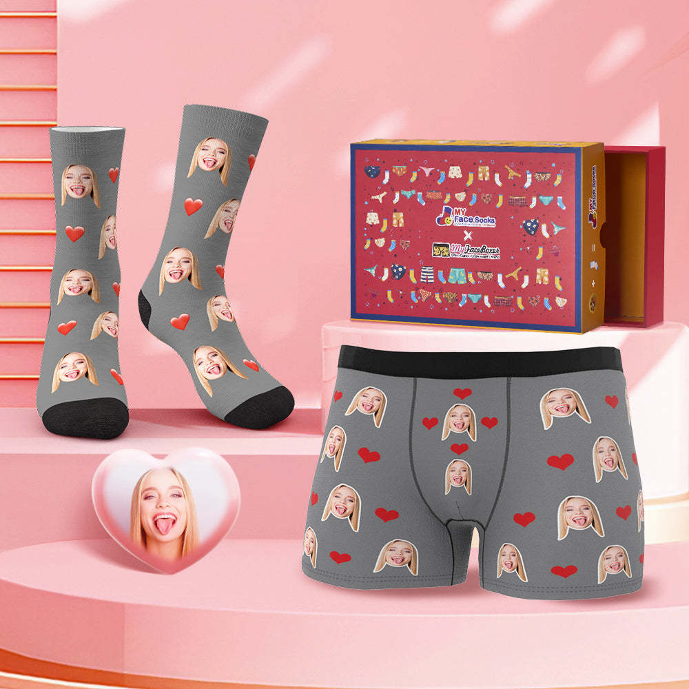 Custom Face Boxer Shorts And Socks Red Love Heart Co-Branding Set - MyFaceBoxer