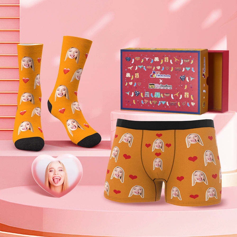 Custom Face Boxer Shorts And Socks Red Love Heart Co-Branding Set - MyFaceBoxer