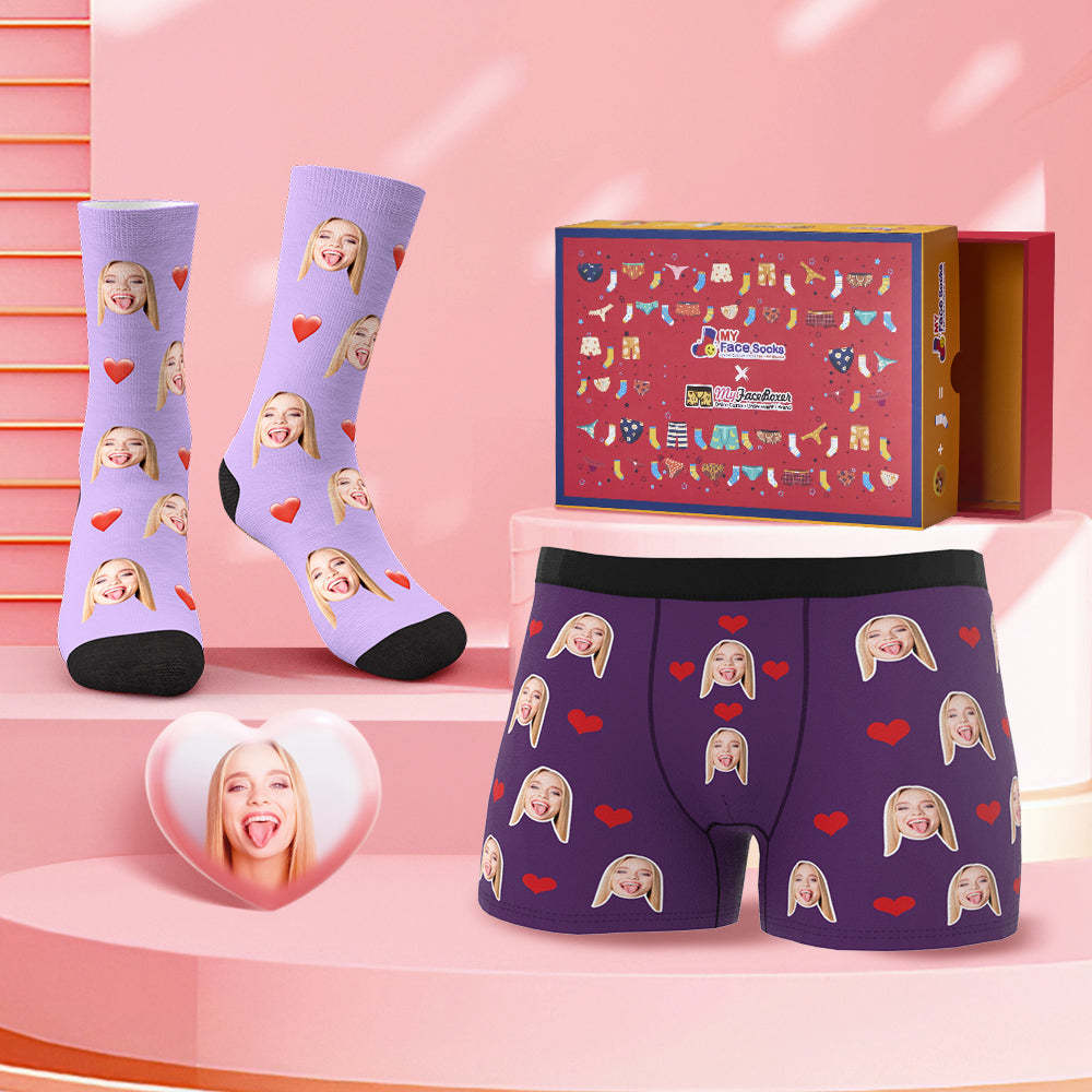 Custom Face Boxer Shorts And Socks Red Love Heart Co-Branding Set - MyFaceBoxer