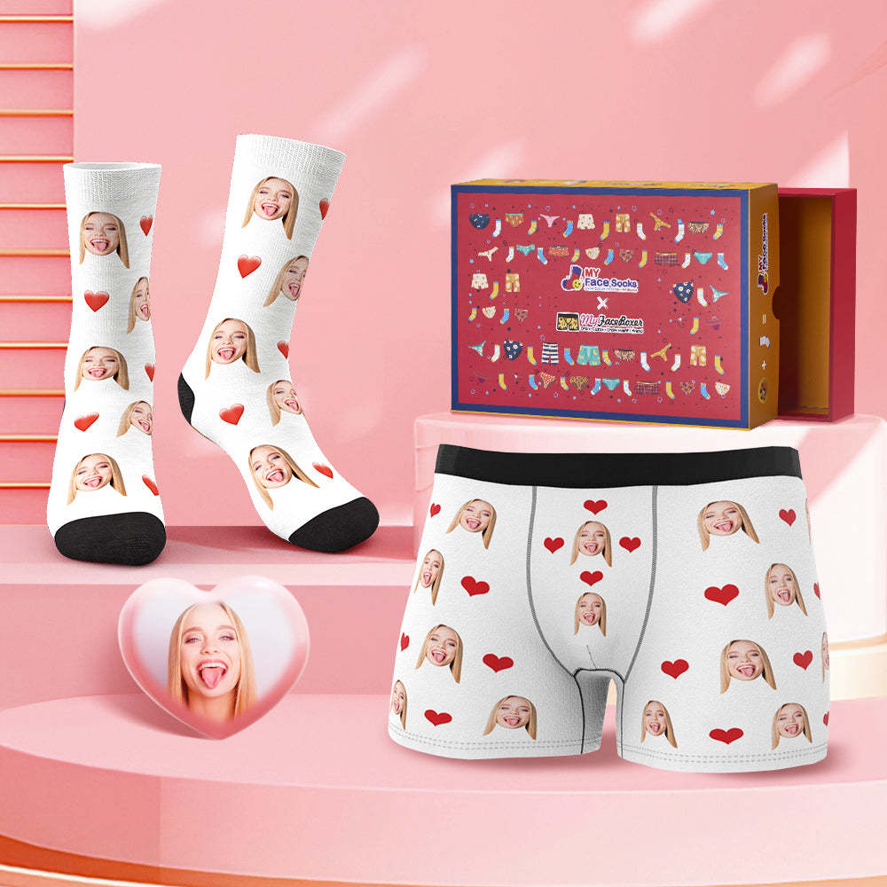 Custom Face Boxer Shorts And Socks Red Love Heart Co-Branding Set - MyFaceBoxer