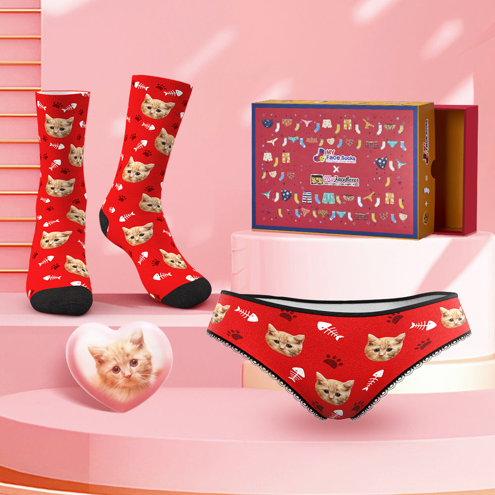 Custom Face Panties And Socks Set For Her Fish Bones and Cat Paw Prints Co-Branding Set - MyFaceBoxer